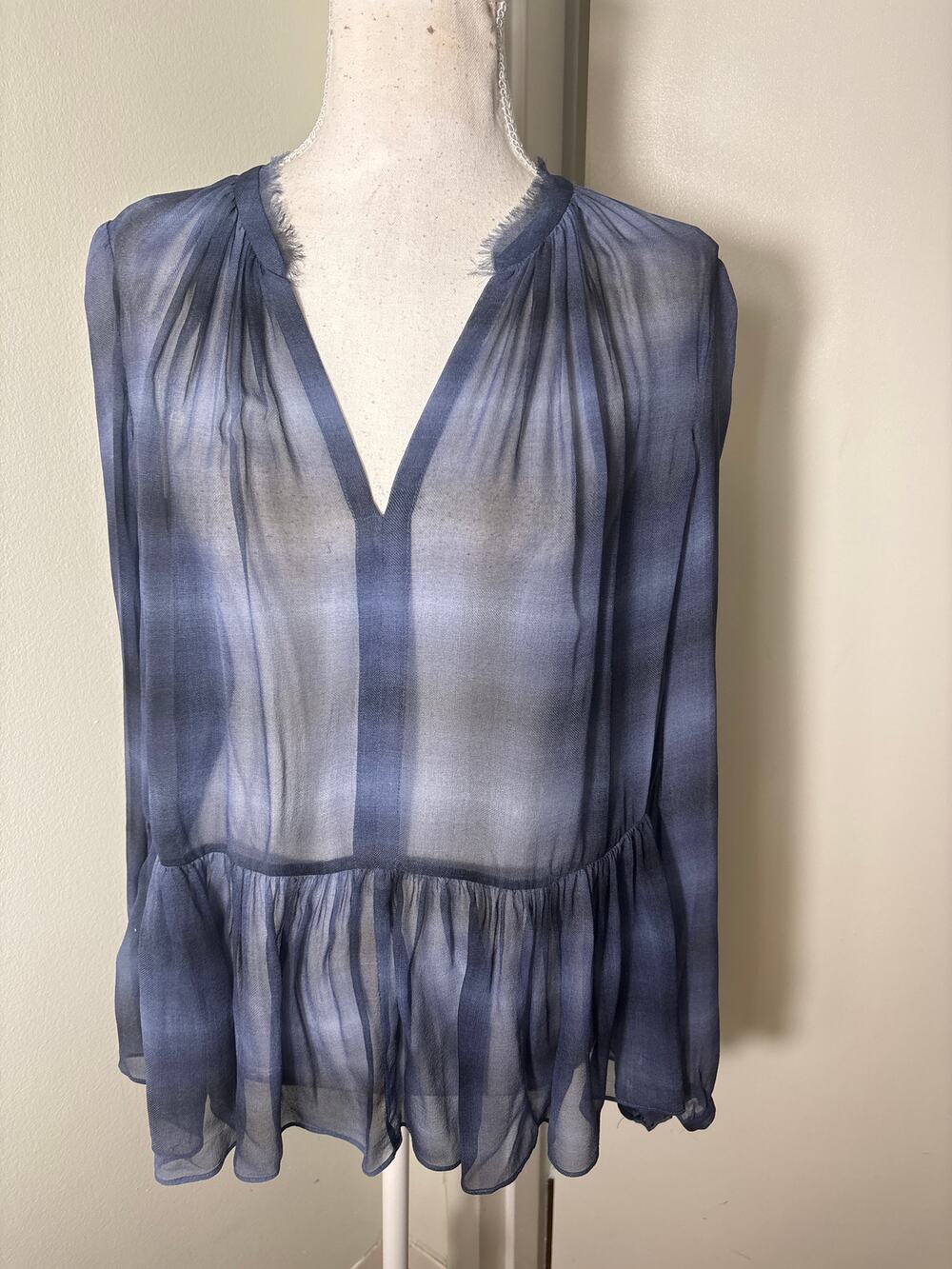 Rebecca Taylor Dusty Navy Long Sleeve Sheer Peplum Top Sz 6
